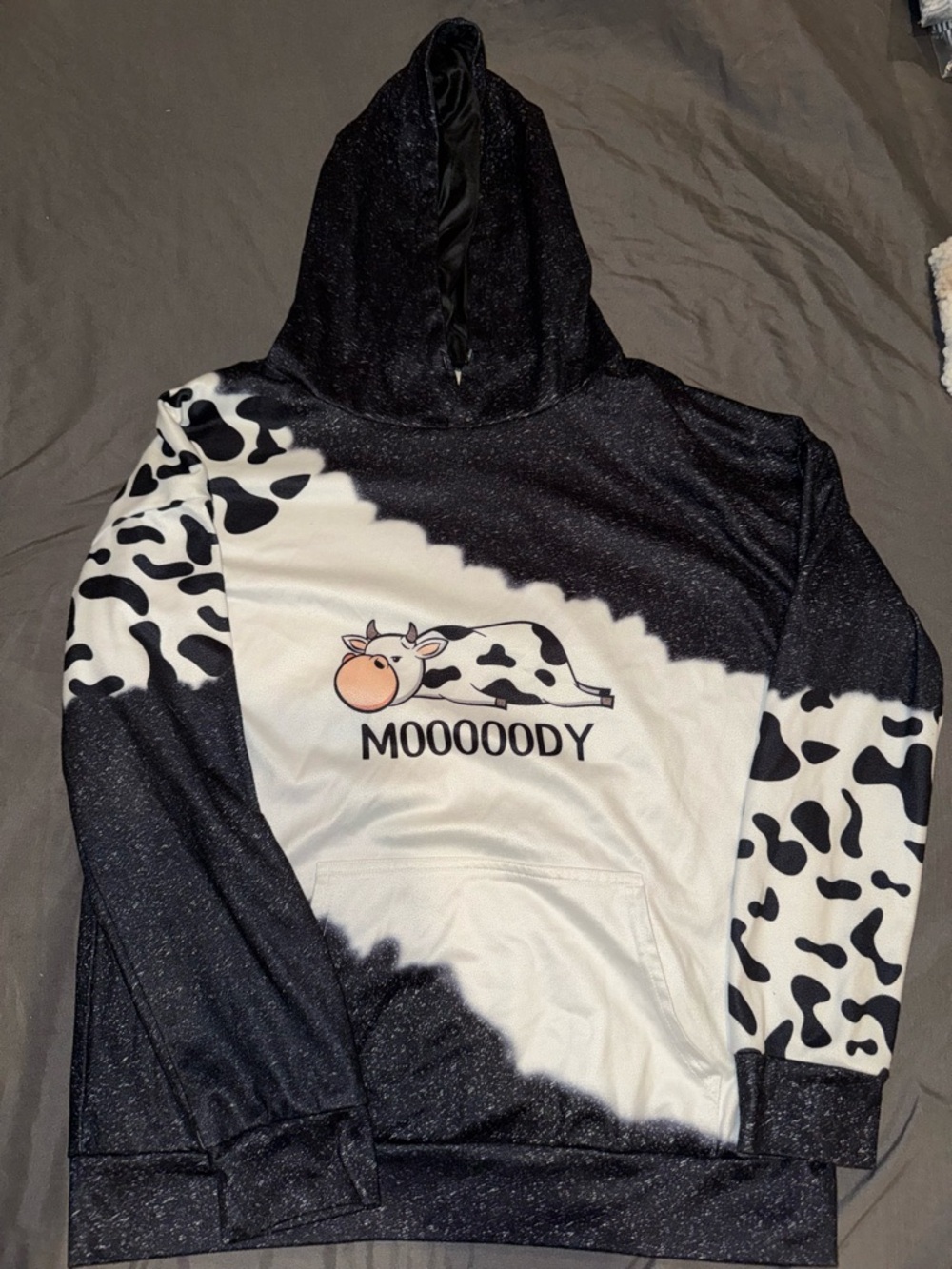SHEIN Black & White Cow Print 'MOOOODY' Hoodie Sweatshirt